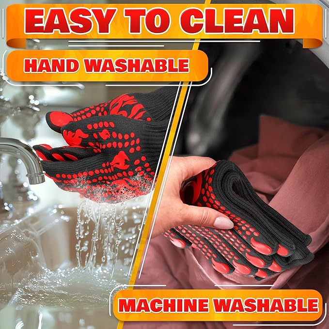 BBQ Gloves - 1472 °F 6 Sec. Heat Resistant Gloves for Cooking Made of Aramid Fabric with Anti-Slip Silicone, Double-Layer Insulation, and Elastic Band - for Grilling, Baking and Kitchen Use