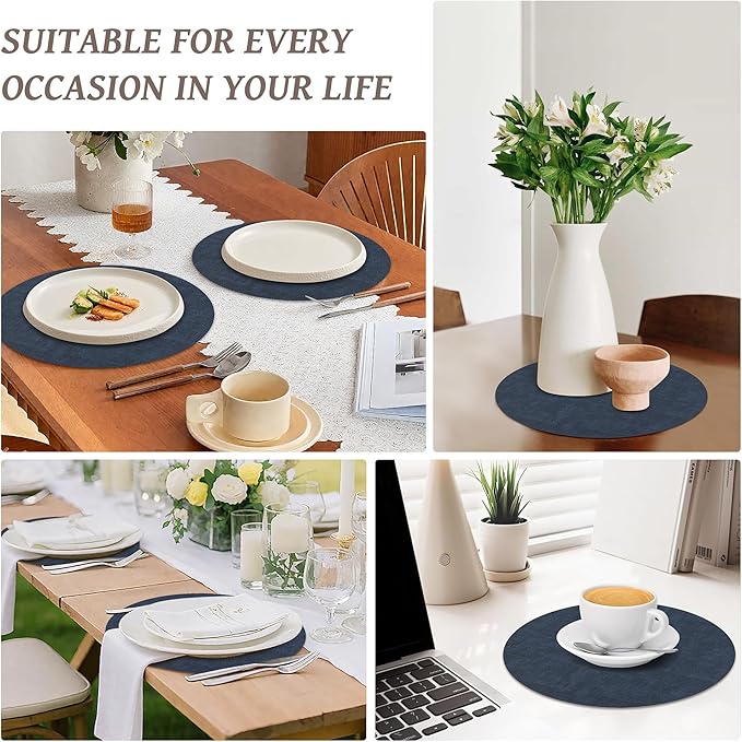 13" Round Placemats Set of 12, Reversible Faux Leather Heat Resistant Table Mats, 100% Waterproof Oilproof Wipeable Table Protective Placemats for Vinyl, Washable for Indoor (12, Navy Blue)