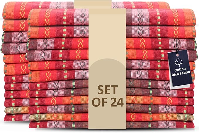 LFH Home Cotton Rich Cloth Salsa Napkin Set of 24 Valentine’s Day Romantic Red Washable Soft Durable Striped Table Napkins for Dining, Wedding, Daily Use, Reusable Eco-Friendly (18x18)