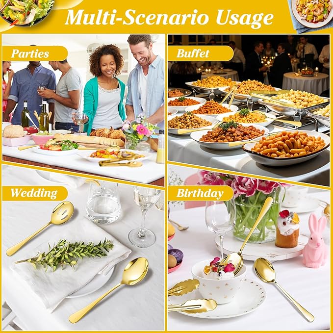 Mwellewm 18Pcs Serving Utensils, Serving Spoons for Buffet, Serving Tongs for Food, Large Slotted Spoons, Stainless Steel Banquet Cutlery Set for Parties Weeding Birthday Entertaining Catering(Gold)