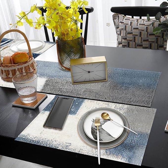 ArtSocket Farmhouse Table Runner and Placemats Set of 6, Abstract Blue Grey Painting Art Dining Decor for Daily Use(1 Table Runner 72 inches Long and 6 Placemats)