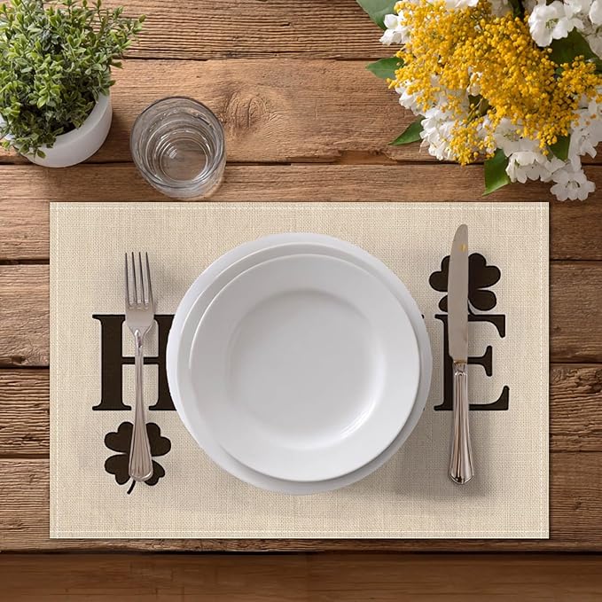 HOMETITUTE Home Placemats Set of 4 Linen 12x18 Inch Washable Table Mats with Buffalo Plaid Heart and Clover Design Decorative Table Placemats Set of 4 for Farmhouse Kitchen Dining Everyday Decor