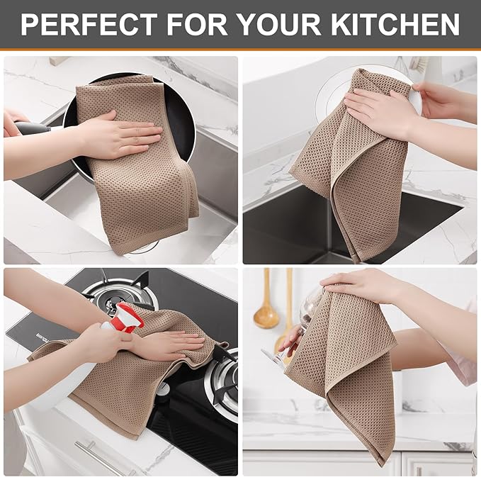 Kitinjoy 100% Cotton Waffle Weave Kitchen Hand Towels (13 X 28 Inches, Tan), 6-Pack Super Soft and Absorbent Dish Towel for Drying Dishes