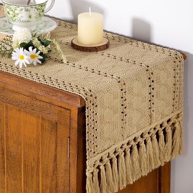 Socomi Boho Table Runner Easter Spring Farmhouse Rustic Dining Kitchen Centerpiece Decor Small Macrame Woven Cotton Linen Coffee Table Runner for Dresser Scarf Home Decor 12x48 inch Champagne