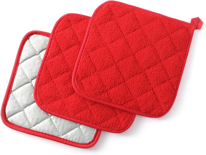 100% Cotton Basic Terry Collection Quilted，Pot Holder for Cooking and Baking，3 Piece. (French Blue)