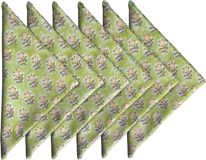 Craftbot Soft Washable Thin Cotton Dinner Napkins 18x18 inches - Set of 6 - Everyday Use or Dinner Party and Events - Green and Yellow Floral Lightweight Indian Block Print Fabric