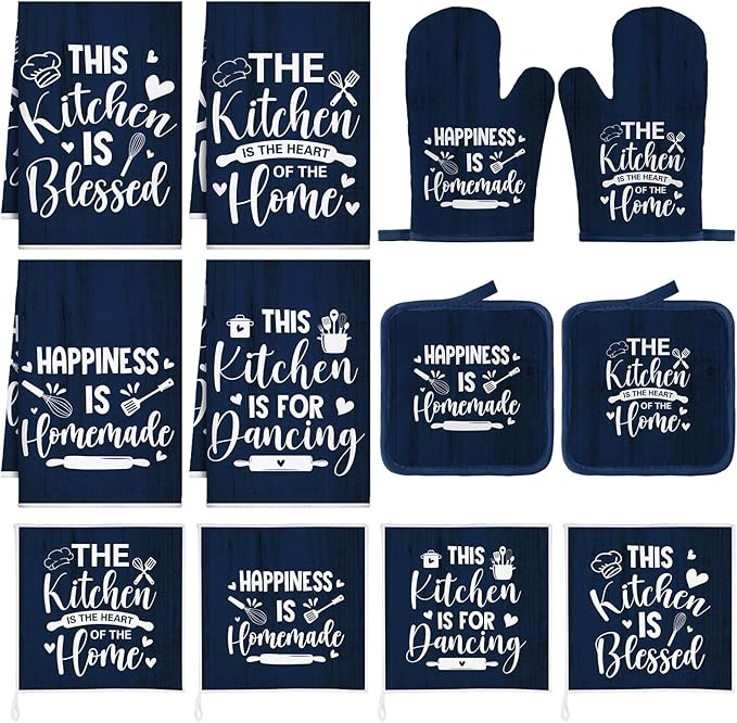 12 Pcs Farmhouse Kitchen Decor Sets 4 Blue Kitchen Hand Towels 4 Dish Clothes 2 Navy Blue Pot Holders 2 Rustic Oven Mitts Glove Hand Towels and Dishcloths Sets for Home Decor Accessories Mom Gift