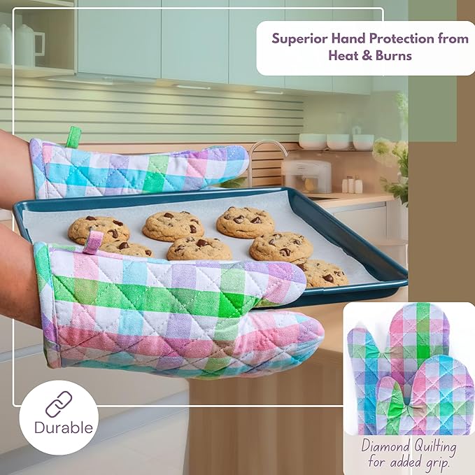 Native Fab 4 Piece Set - Gingham Check 2 Oven Mitts & 2 Potholders, Heat Resistant, 100% Cotton, Quilted Design, Non-Slip Grip, Ideal for Baking, Cooking, BBQ, Kitchen Protection, Multicolor