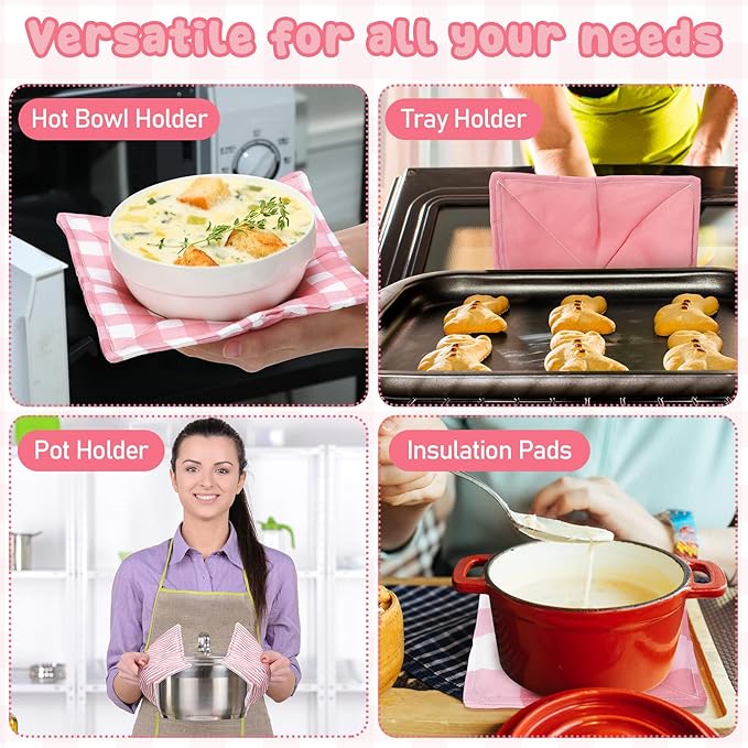 CHENGU 4 Pcs Pink Plaid Cotton Microwave Bowl Cozy Holders for Hot Food Hot Pad Soup Bowl Potholder Heat Resistant Multipurpose Quilted Safe Holder for Kitchen Plate Supply Pink, White