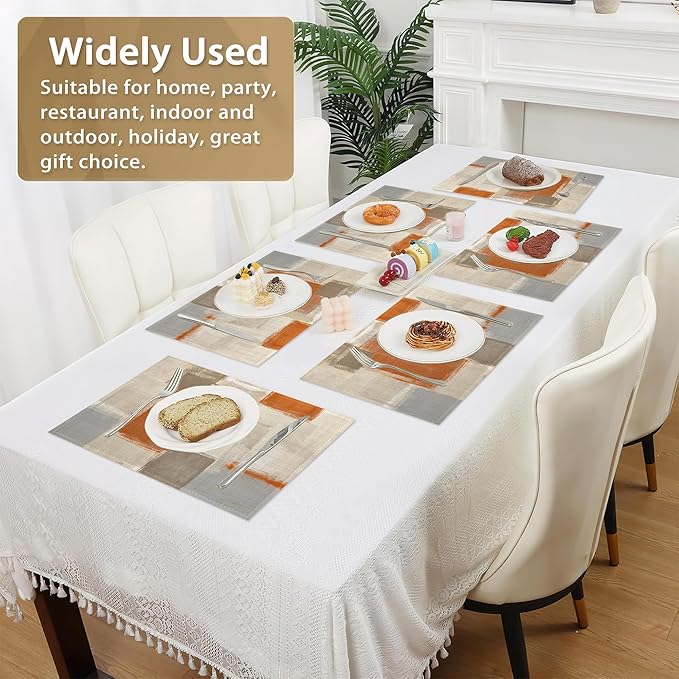 Orange and Grey Placemats Set of 6 Linen Washable, Heat-Resistant 12x18 Inch Abstract Art PaintingTable Place Mats for Kitchen Dining for Home Party Holidays