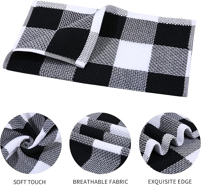 Mordimy 100% Cotton Waffle Weave Kitchen Towels, 13 x 28 Inches, Super Soft and Absorbent Buffalo Check Dish Towels for Drying Dishes, 8-Pack, Black & White