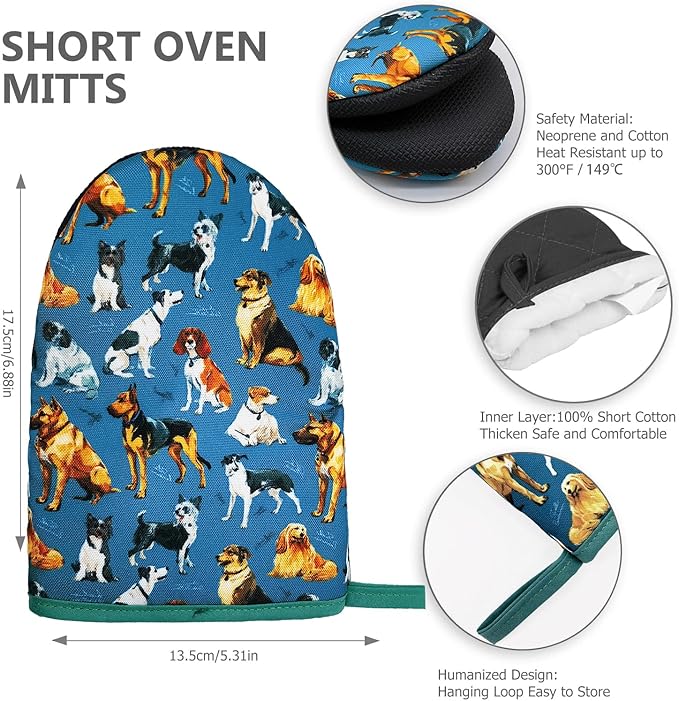 Nice Dog Printing Oven Mitts, High Heat Resistant Kitchen Oven Gloves, Mini Silicone Oven Mitts, Non-Slip Grip Surfaces and Hanging Loop for Grilling, Baking, Cooking and Microwave, Gift