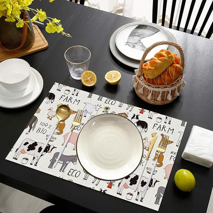 Farmhouse Animal Placemats Set of 6, Washable Heat Resistant Table Mat Linen Place Mats for Party Kitchen Dining Home Decor 12x18 Inch