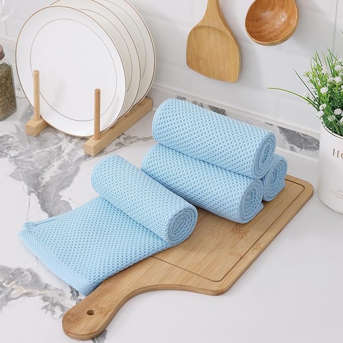 Kitinjoy 100% Cotton Waffle Weave Kitchen Hand Towels (13 X 28 Inches, Sky Blue), 8-Pack Super Soft and Absorbent Dish Towel for Drying Dishes