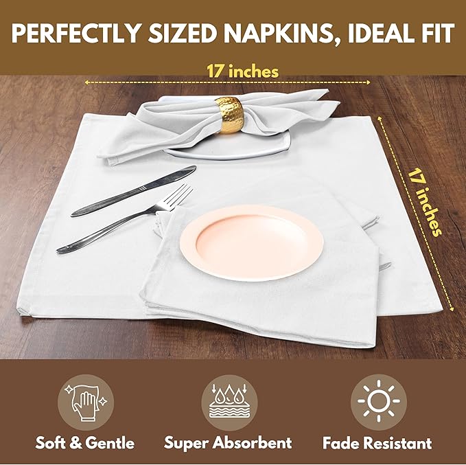Native Fab Solid Cloth Napkin Set of 4, 100% Cotton, Washable, Reusable Dinner Cloth Napkin 17x17 inches, Table Decor Napkins for Dinner, Events, White