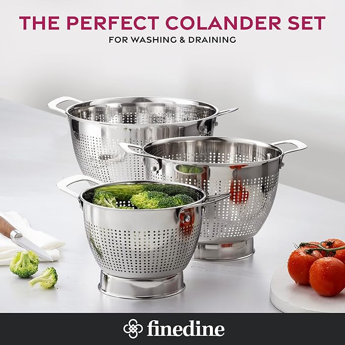 YH-Goods Stainless Steel Colander - 3-Piece Kitchen Sink Strainer Set for Pasta, Rice, Fruit, Food - Stackable Strainers and Colanders, (5-Quart, 3-Quart, and 1.5-Quart)