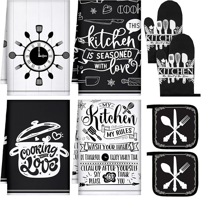 Leinuosen 8 Pcs Cooking Kitchen Decor Accessories Set Farmhouse Towels Oven Mitts Pot Holders Dishcloths Set Kitchen Decorative Absorbent Gloves Potholders for Chef Baking Cooking