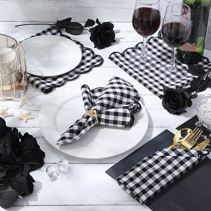 SmoothNovelty 12 Pack Buffalo Plaid Cloth Napkins 18x18 Inch Spring Checkered Cloth Napkins Scalloped Soft Cotton Table Mat Washable Reusable for Dinner Wedding Birthday Parties (Classic,Black)