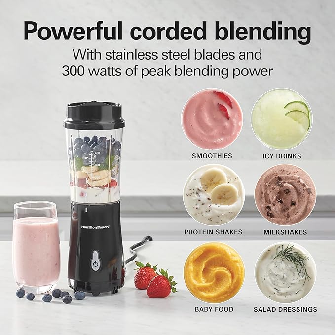 Hamilton Beach Portable for Shakes and Smoothies, 14 Oz BPA Free Travel Cup & Lid, Durable Stainless Steel Blades, Personal Smoothie, Black (51101AG)