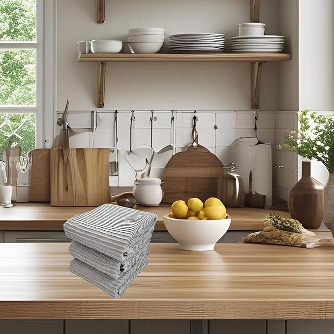 Serafina Home Light Grey Gray Kitchen Hand Dish Towels: Oversized 28" x 18", 100% Cotton Cloth Soft Cleaning Drying Absorbent Ribbed Design, Set of 3 Multipurpose for Everyday Use