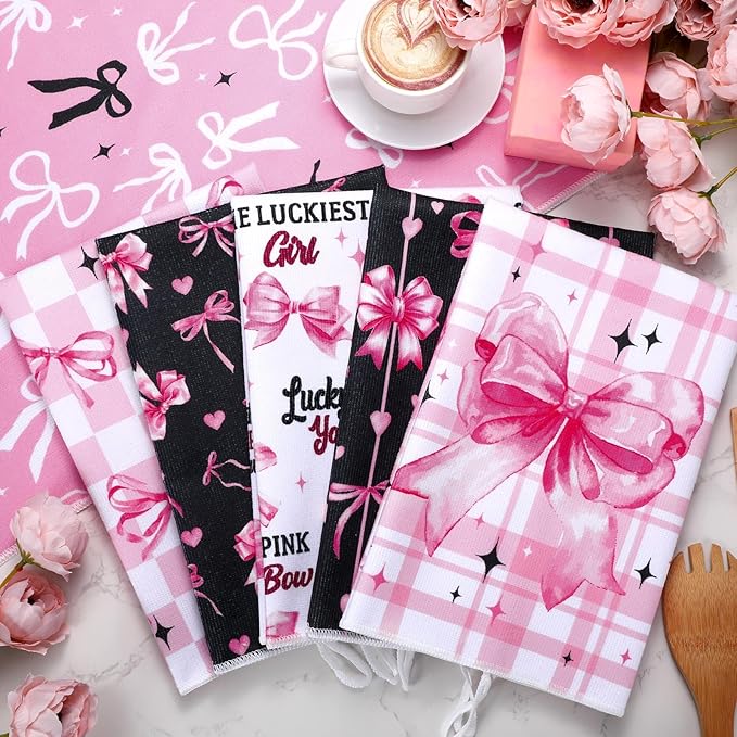 Bencailor 6 Pcs Pink Bow Kitchen Towels Decorative Sets Dish Towels Absorbent Fast Drying Hand Tea Vintage Hanging Reusable Cleaning Dishcloths for Cooking Farmhouse Bathroom Accessory
