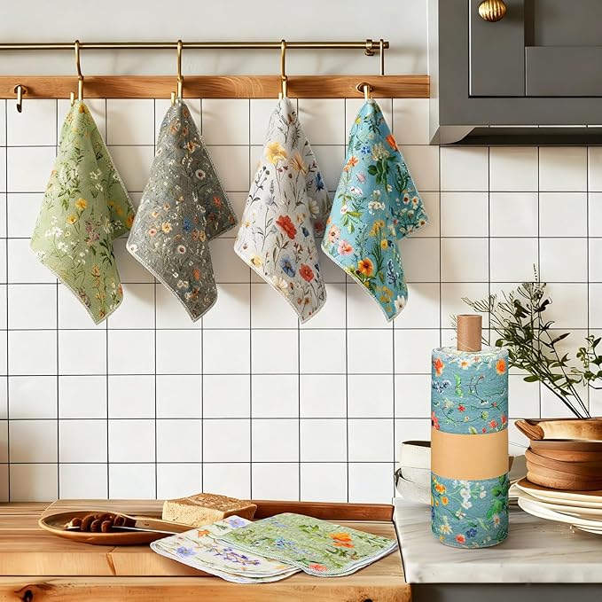 Redbaker 36 Pcs Reusable Paper Towels Rolls Kitchen Towels Bulk Washable Paperless Cloth Cotton Hand Napkins with Cardboard Reusable Napkins for Kitchen Bathroom (Flower Style)