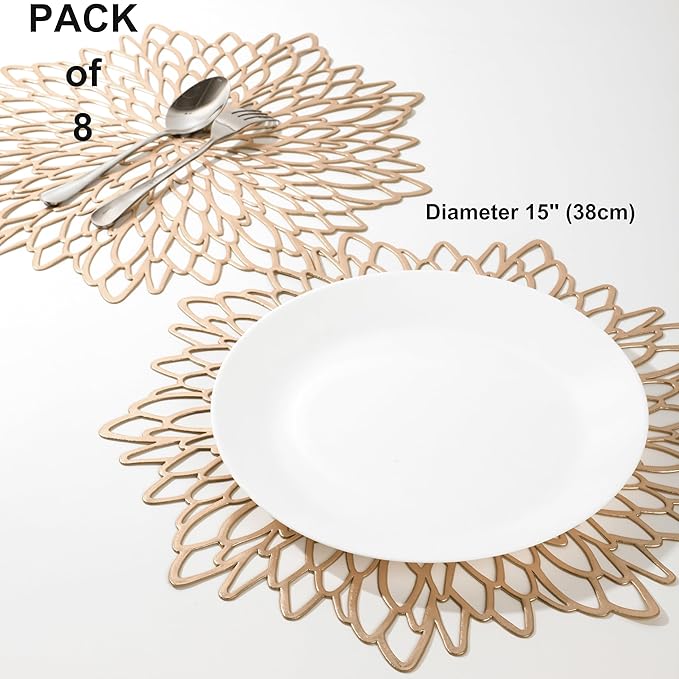 Snowkingdom Pack of 8 Gold Metallic Round Placemats Bulk Round Pressed Vinyl Leaf Dinning Kitchen Table Mats Decoration for Christmas Wedding Thanksgiving Party
