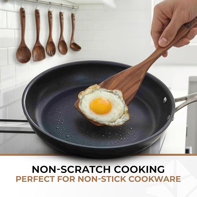 Wooden Spoons for Cooking – 6 Pcs Premium Teak Wooden Utensil Set with Hooks - Durable, Nonstick Safe, Easy to Clean & Heat Resistant with Ergonomic Handles