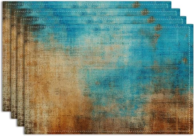 Farmhouse Placemats Set of 4, 12x18 Inch Blue and Orange Vintage Abstract Messy Rust Painting Table Mats for Outdoor Home Party Kitchen Dining Decoration, Washable Non-Slip Heat Resistant Place Mats