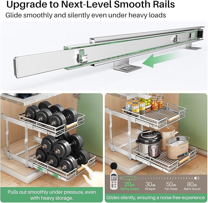 Pull out Cabinet Organizer, 2 Tiers 15"W X 21"D, Heavy Duty Smooth Sliding Under Cabinet Shelves for Pots and Pans, Full-Extension Roll out Drawers, Slide out Organization for Home Kitchen Pantry