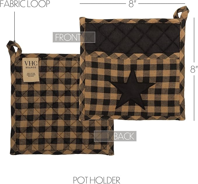 VHC Brands, Black Star, Cotton, 8x8, Pot Holder, Black
