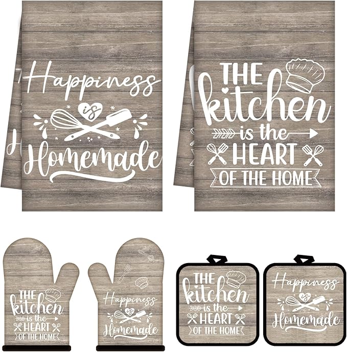 Sratte 6 Pcs Kitchen Decor Accessories Set Farmhouse Towels Pot Holders Oven Mitts Set 2 Dish Towels 2 Potholders 2 Cooking Mittens Oven Glove for Christmas Baking Cooking(Brown Wood Grain)
