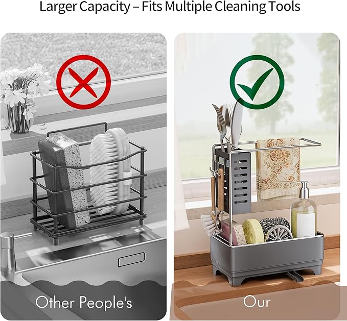 MOUKABAL Sponge Holder for Kitchen Sink, 2-Tier Sink Caddy Organizer with Drain Holes and Hooks, Holds Dishcloth, Sponge & Brushes, Kitchen Countertop Storage for New Home Essentials Grey