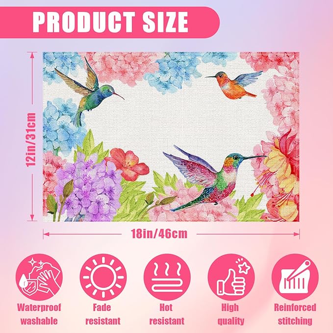 Flowers and Humming Birds Placemats Set of 6,12x18 Inch Spring Floral Linen Place Mat Washable Stain Resistant Table Mats for Seasonal Farmhouse Kitchen Party Home Decor