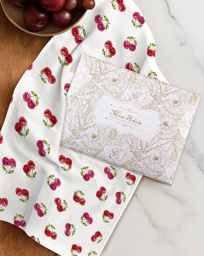 Miss Adola 2pcs Waffle Kitchen Towels - 16x26 Inch Cotton Waffle Weave Dish Cloths Set of 2 with Hanging Loop Absorbent Hand Tea Towels Cute Design for Housewarming Gift, Cherry