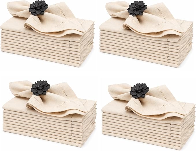 ALPHA Living HOME Linen Cloth Napkins Set of 48, 18x18 Inches Flax Cotton Dinner Napkins, Natural Fabric with Hemstitched Mitered Corners, Reusable & Machine Washable for Wedding, Party & Table Decor