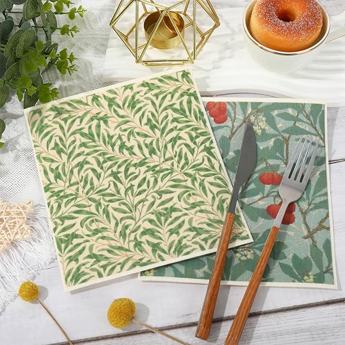 Whaline 12 Pcs William Morris Floral Swedish Dishcloths Vintage Greenery Flower Kitchen Towels Reusable Cotton Absorbent Dish Towels for Home Housewarming Cleaning, 7 x 8 Inch