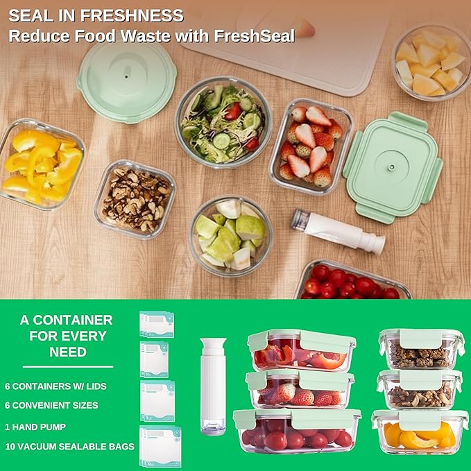 Glass Vacuum Sealable Container Set 6 Containers, 10 Bags, Hand Pump