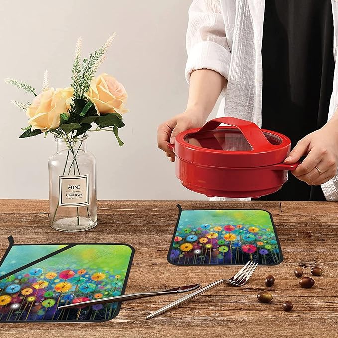 Abstract Floral Watercolor Painting Pot Holders Set of 2 Kitchen Heat Resistant Potholder for Microwave Cooking Baking Oven End Dishes and BBQ