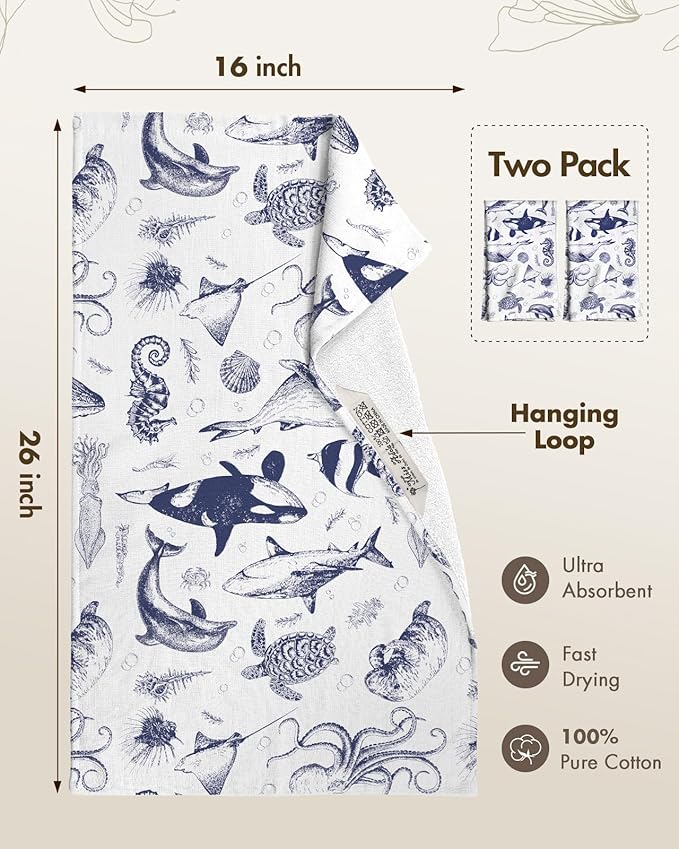 Miss Adola Cotton Kitchen Towels Set of 2 - Cute Design 16×26 Inch Dish Towels for Kitchen with Hanging Loop Ocean Quick Dry Hand Towels Soft & Absorbent, Home Decorative, Terry Cloth Tea Towels