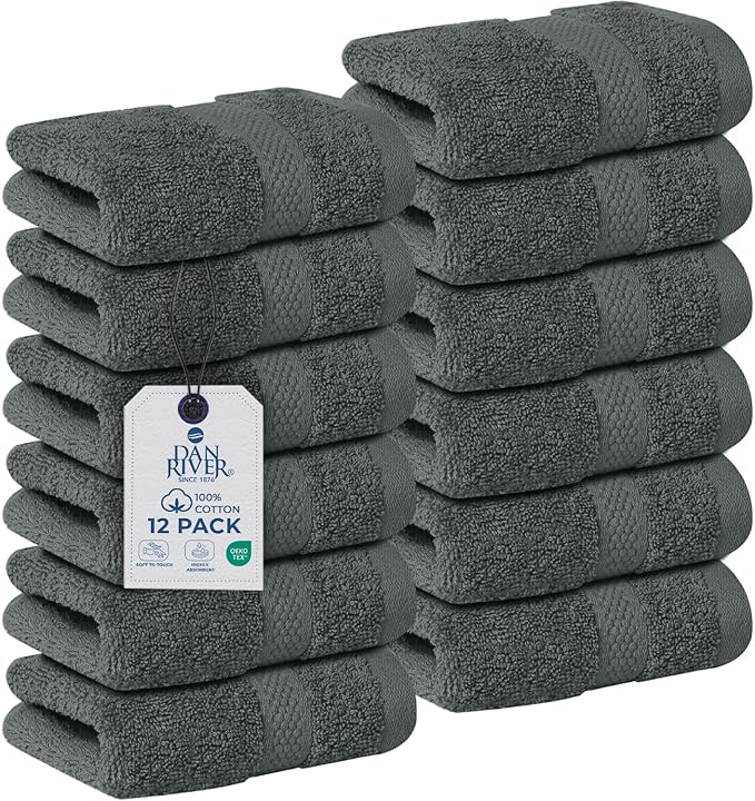 DAN RIVER 12-Pack Premium 100% Cotton Gray Face Towels for Bathroom - Reusable Face Wash Cloths for Showering 12x12 Inches - 550 GSM Super Soft & Absorbent Luxury WashCloths for Body, Spa & Gym