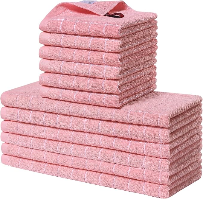 Homaxy Kitchen Towels and Dishcloths Set, 12 x 12 and 13 x 28 Inches, Set of 12 Bulk Cotton Terry Kitchen Towels Set, Checkered Designed, Soft and Super Absorbent Dish Towels, Pink