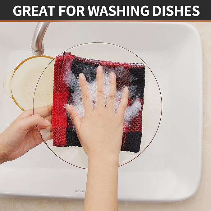 Homaxy 100% Cotton Waffle Weave Check Plaid Dish Cloths, 12 x 12 Inches, Super Soft and Absorbent Dish Towels Quick Drying Dish Rags, 8-Pack, Black & Red