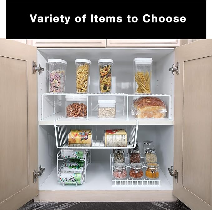 Smart Design Expandable Storage Rack - Set of 6 - Metal Wire - Kitchen Counter, Bathroom Medicine Organizer, Dish, Plate Display Shelf, Sink Cabinet, Spice Pantry - 16 x 32.5 - White