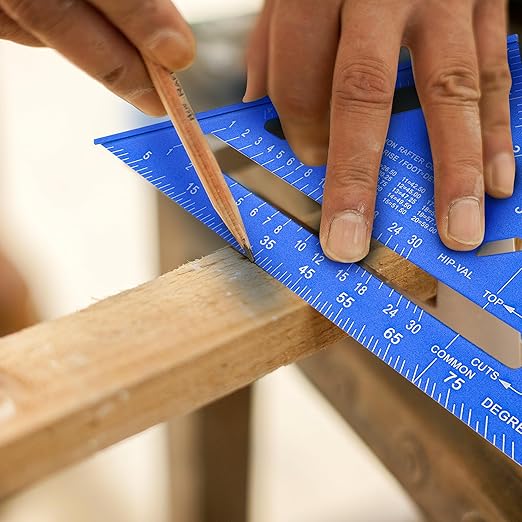 Beslands Carpenter Square 7 inch, Rafter Square Tool Metal Aluminum Alloy for Carpentry Layout Measuring Wood Square Triangle Right Angle 90 Degree Ruler Protractor Blue Imperial, Framing Square