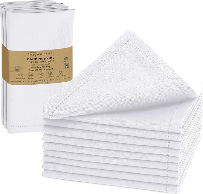 Ruvanti Cloth Napkins Set of 12, 100% Cotton High GSM 18x18 Inches, Hem Stitched Corners, Soft, Washable, Highly Durable & Absorbent, Perfect for Parties, Christmas, Thanksgiving Dinners – White