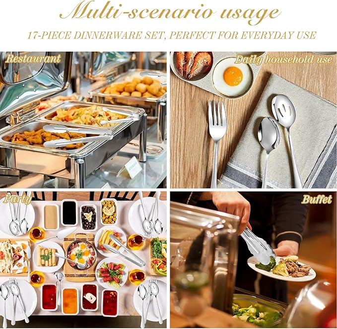 Mwellewm 17Pcs Serving Utensils, Silver Stainless Steel Serving Spoons, Slotted Spoon, Fork, Tongs, Cake Pie Server, Soup Spoon Metal Buffet Banquet Cutlery Set for Parties Entertaining Catering
