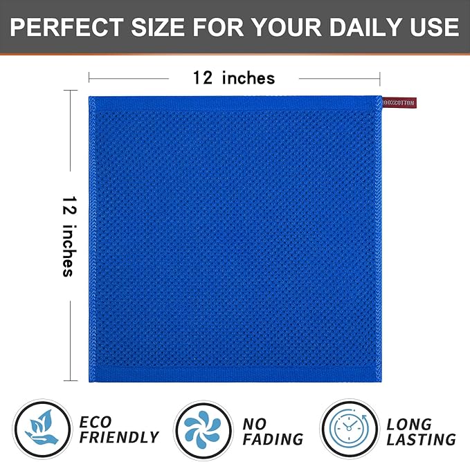 Kitinjoy 100% Cotton Kitchen Dish Cloths (12 X 12 Inches, Blueberry), 6 Pack Waffle Weave Ultra Soft Absorbent Dish Towels for Drying Dishes Quick Drying Kitchen Towels Dish Rags