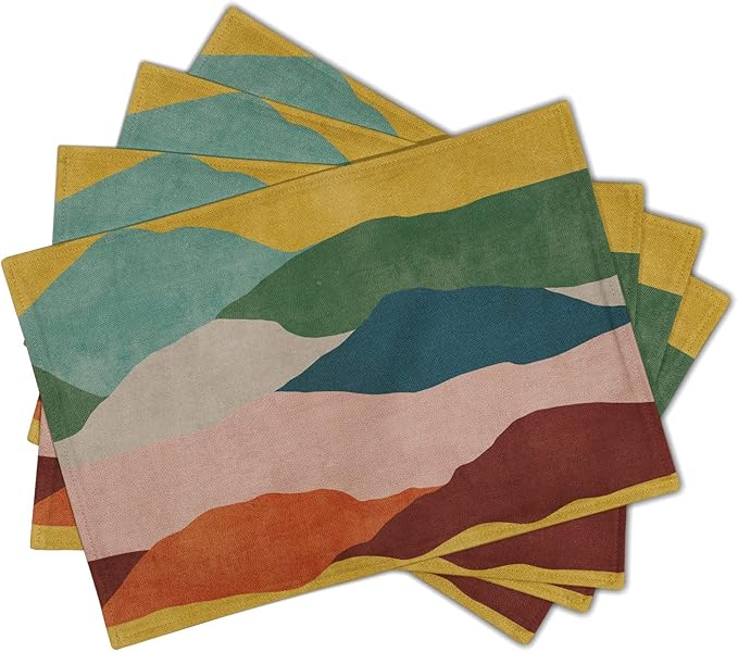 Colorful Art Placemats for Kitchen - Mountain Painting Placemats Set of 4 Abstract Modern Art Linen Table Mat Watercolor Place Mat Decorative Holiday Indoor Outdoor Dinner Decor 12 x 18 Inch