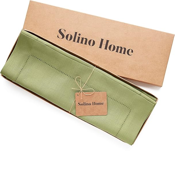 Solino Home Linen Placemats Set of 4 - Classic Hemstitch Moss Green Placemats 14 x 19 Inch - 100% Pure Linen Table Mats for Spring, Summer, Mothers Day